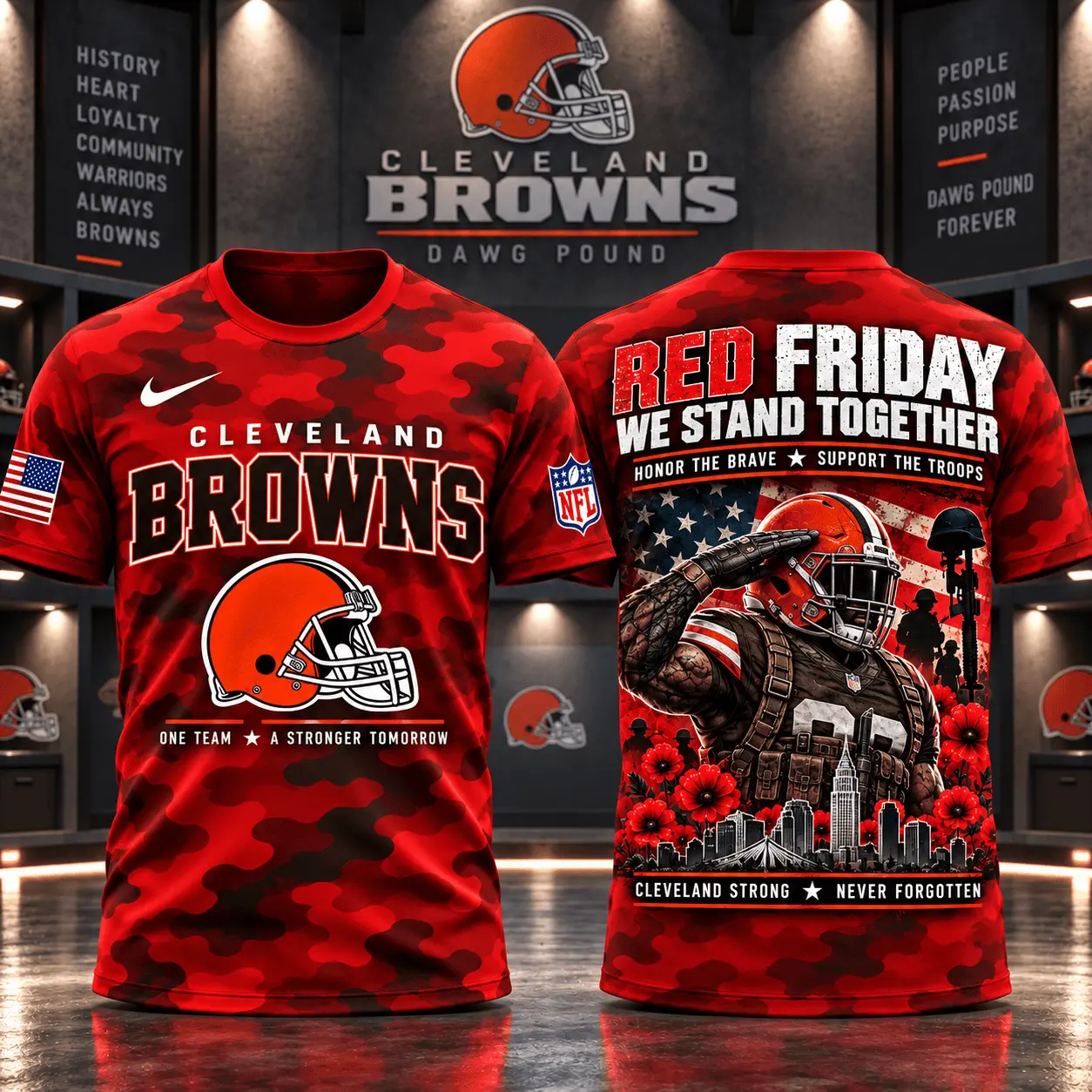 Cleveland Browns | Premium NFL Red Friday Remember Everyone Deployed Camo GameDay 3D Shirt NY