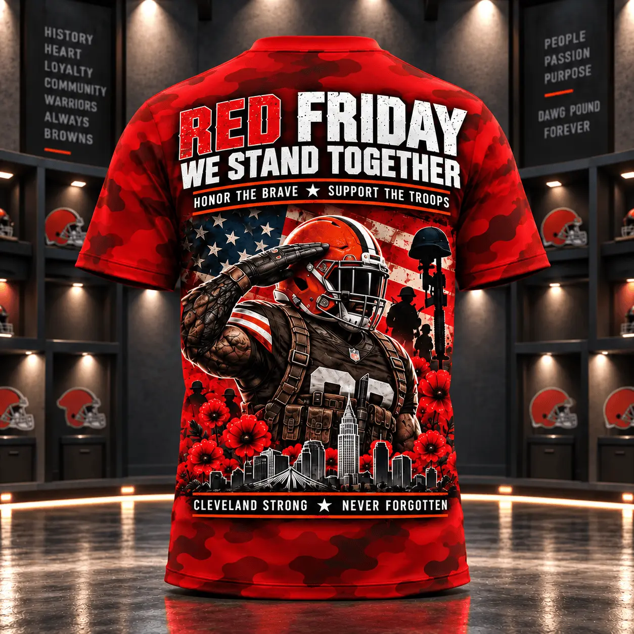 Cleveland Browns | Premium NFL Red Friday Remember Everyone Deployed Camo GameDay 3D Shirt NY - Image 3