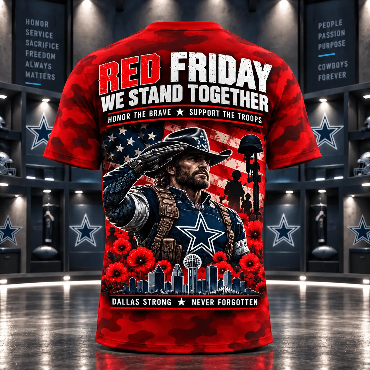 Dallas Cowboys | Premium NFL Red Friday Remember Everyone Deployed Camo GameDay 3D Shirt NY - Image 3