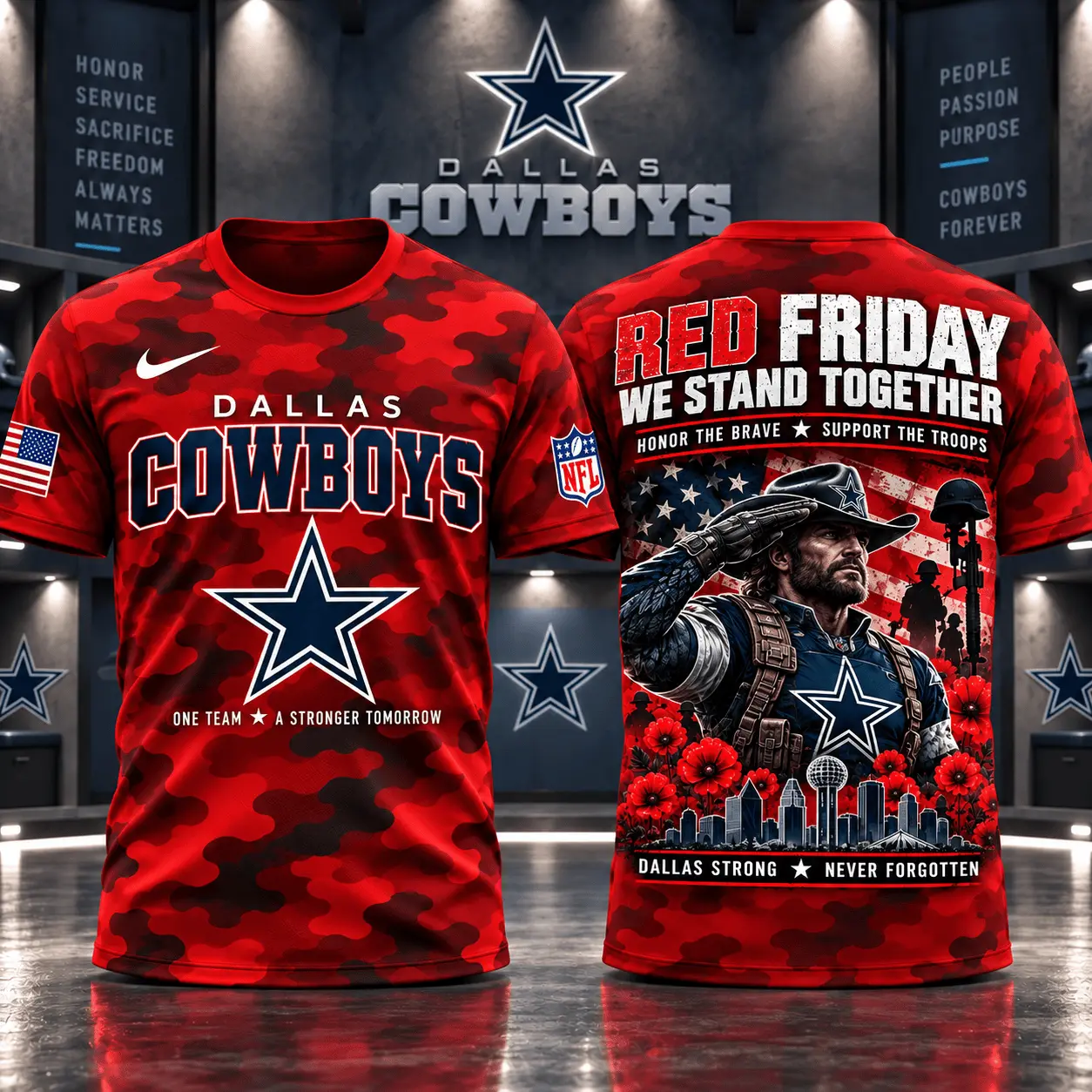 Dallas Cowboys | Premium NFL Red Friday Remember Everyone Deployed Camo GameDay 3D Shirt NY