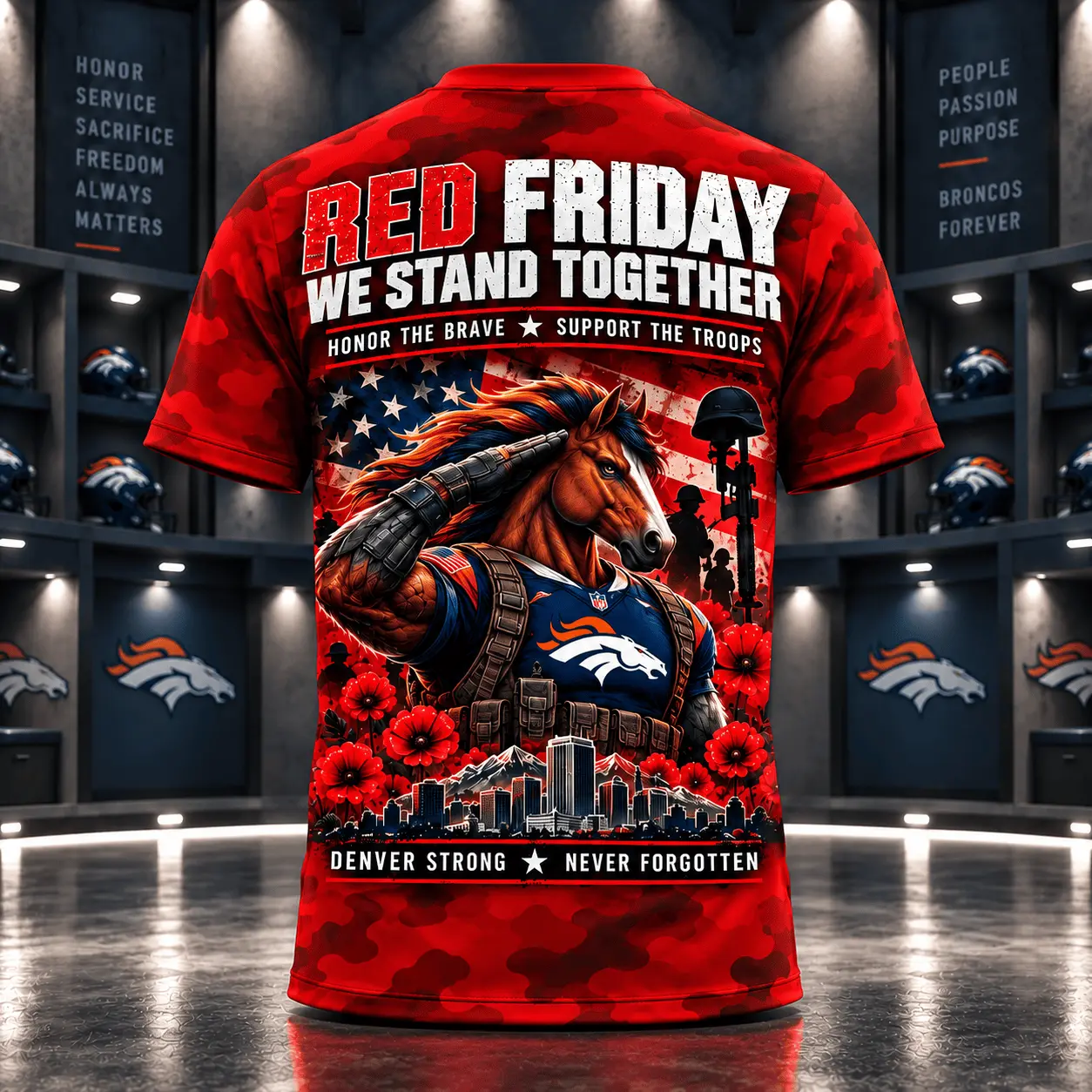 Denver Broncos | Premium NFL Red Friday Remember Everyone Deployed Camo GameDay 3D Shirt NY - Image 3