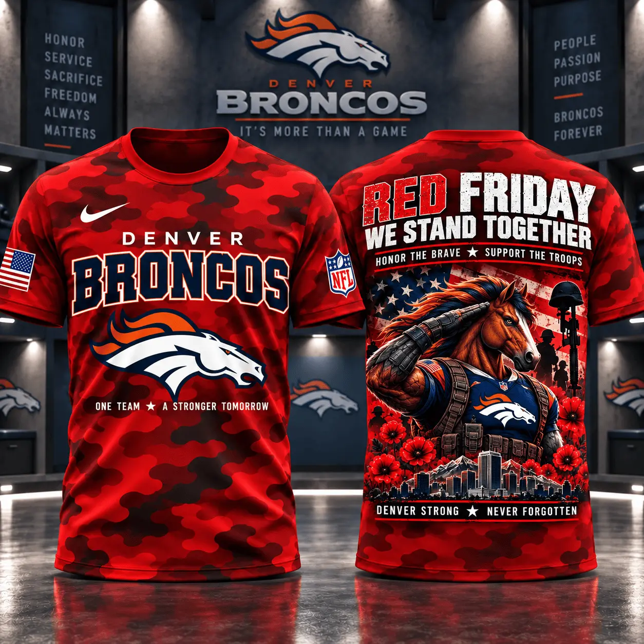 Denver Broncos | Premium NFL Red Friday Remember Everyone Deployed Camo GameDay 3D Shirt NY
