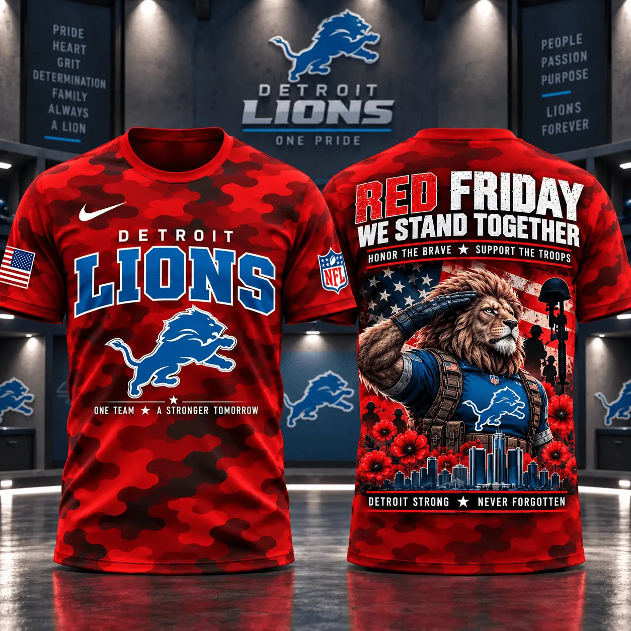 Detroit Lions | Premium NFL Red Friday Remember Everyone Deployed Camo GameDay 3D Shirt NY