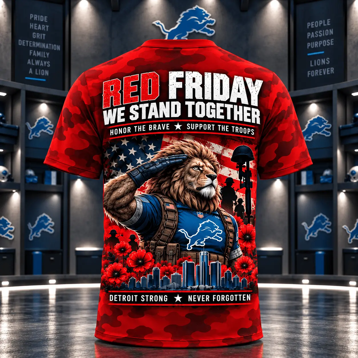Detroit Lions | Premium NFL Red Friday Remember Everyone Deployed Camo GameDay 3D Shirt NY - Image 3