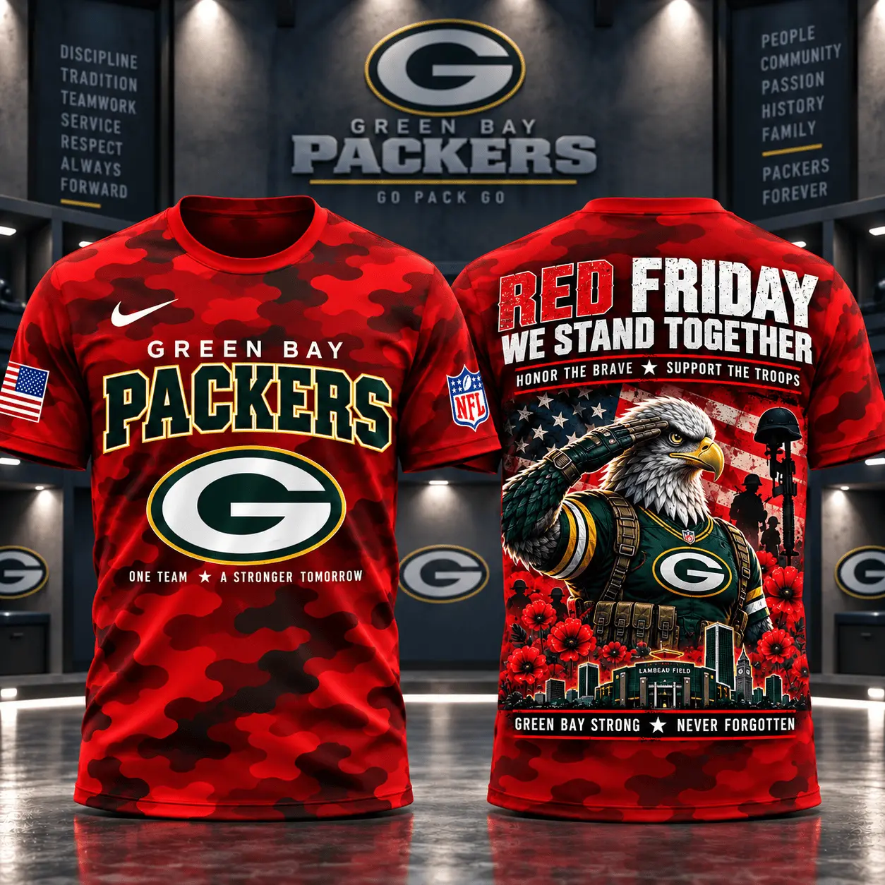 Green Bay Packers | Premium NFL Red Friday Remember Everyone Deployed Camo GameDay 3D Shirt NY