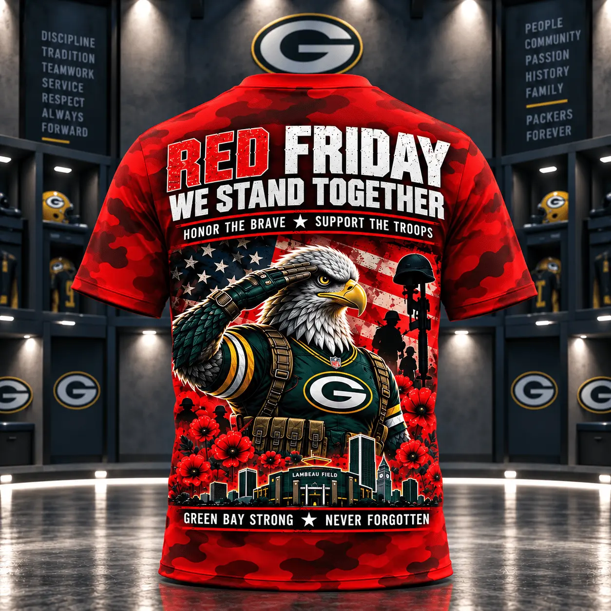 Green Bay Packers | Premium NFL Red Friday Remember Everyone Deployed Camo GameDay 3D Shirt NY - Image 3