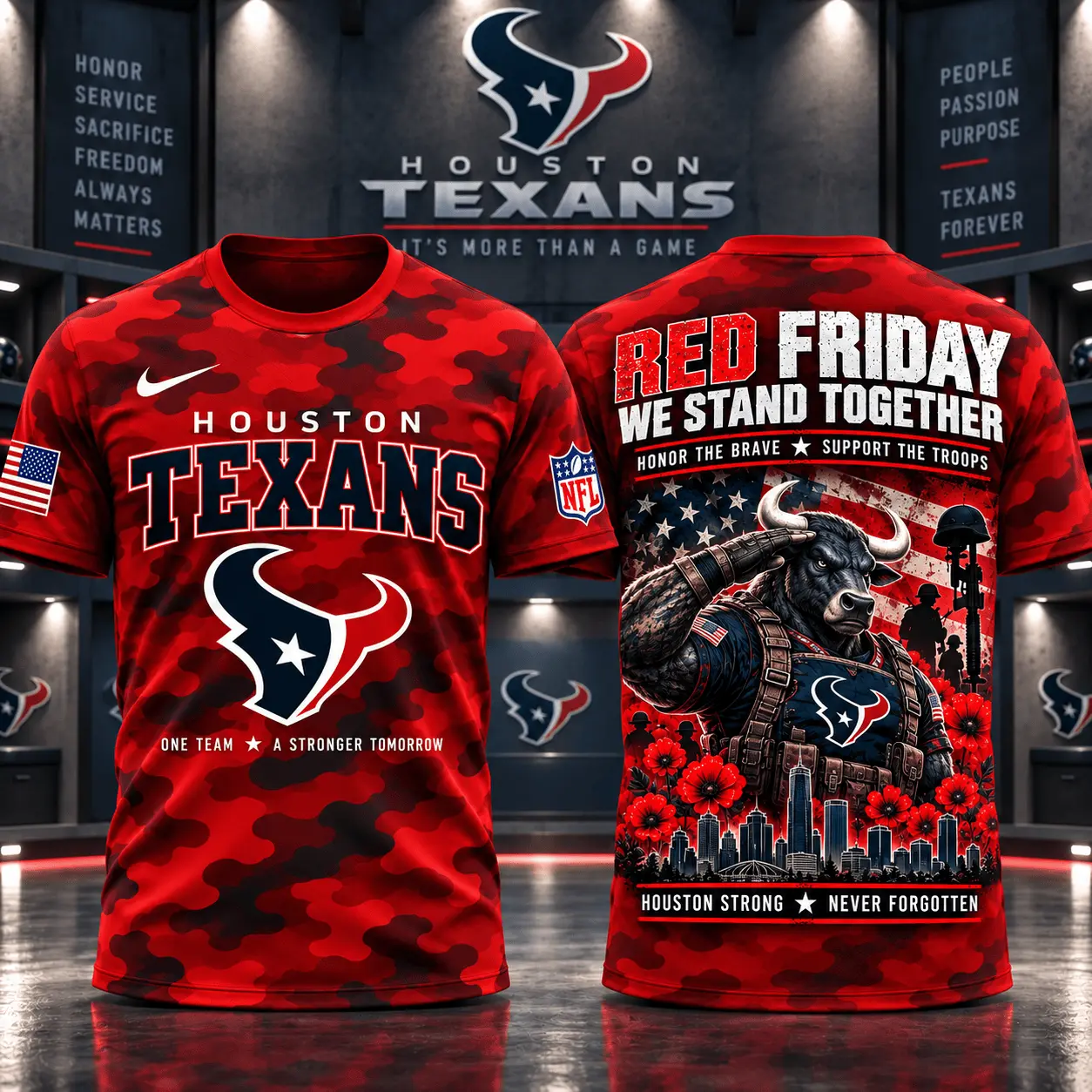 Houston Texans | Premium NFL Red Friday Remember Everyone Deployed Camo GameDay 3D Shirt NY