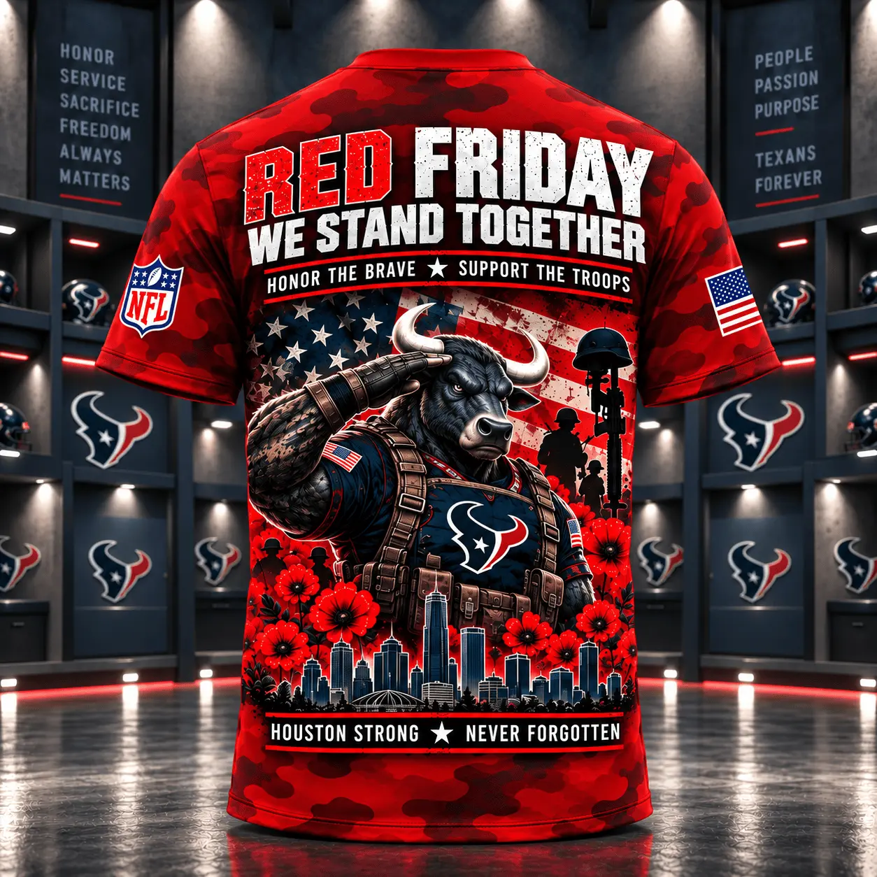 Houston Texans | Premium NFL Red Friday Remember Everyone Deployed Camo GameDay 3D Shirt NY - Image 3