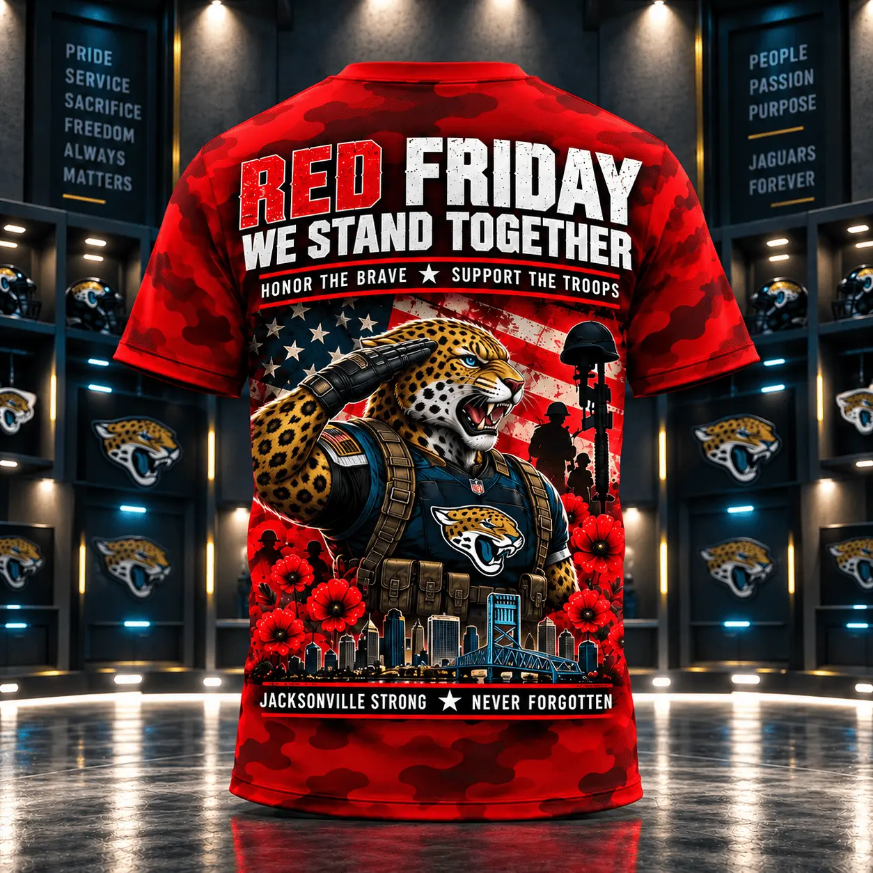Jacksonville Jaguars | Premium NFL Red Friday Remember Everyone Deployed Camo GameDay 3D Shirt NY - Image 3