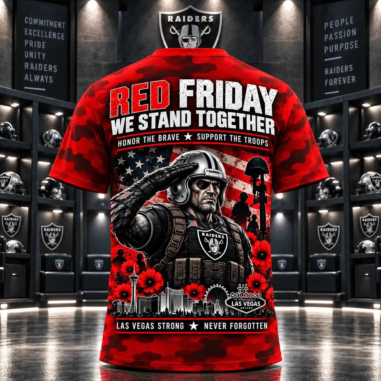 Las Vegas Raiders | Premium NFL Red Friday Remember Everyone Deployed Camo GameDay 3D Shirt NY - Image 3