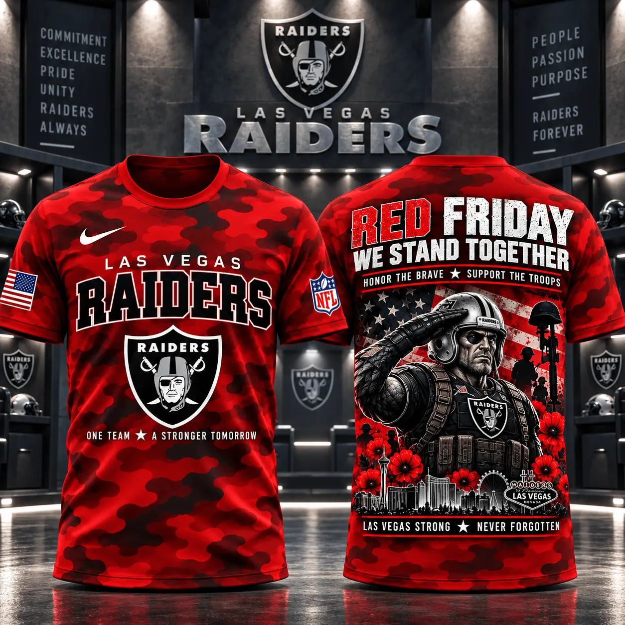Las Vegas Raiders | Premium NFL Red Friday Remember Everyone Deployed Camo GameDay 3D Shirt NY