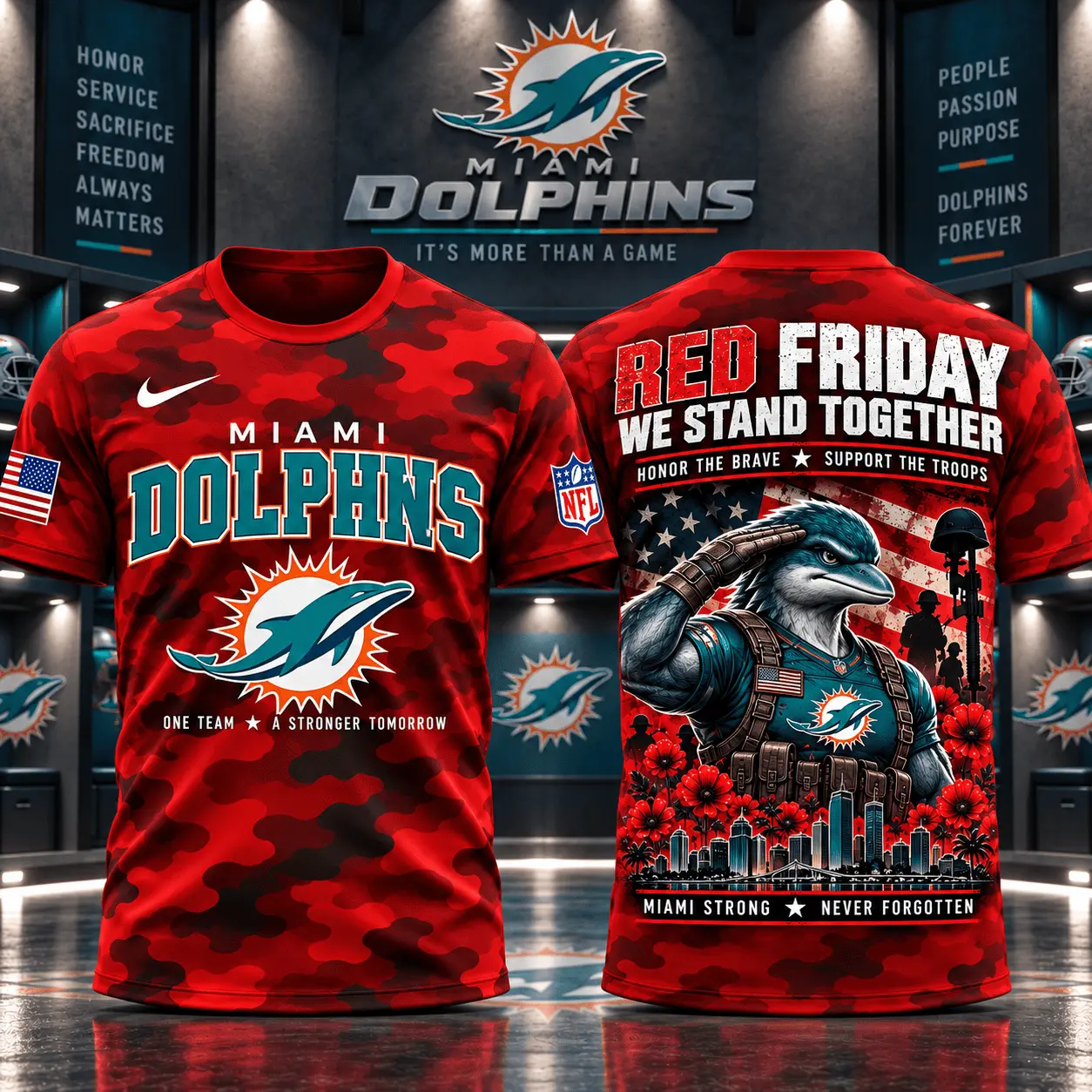 Miami Dolphins | Premium NFL Red Friday Remember Everyone Deployed Camo GameDay 3D Shirt NY