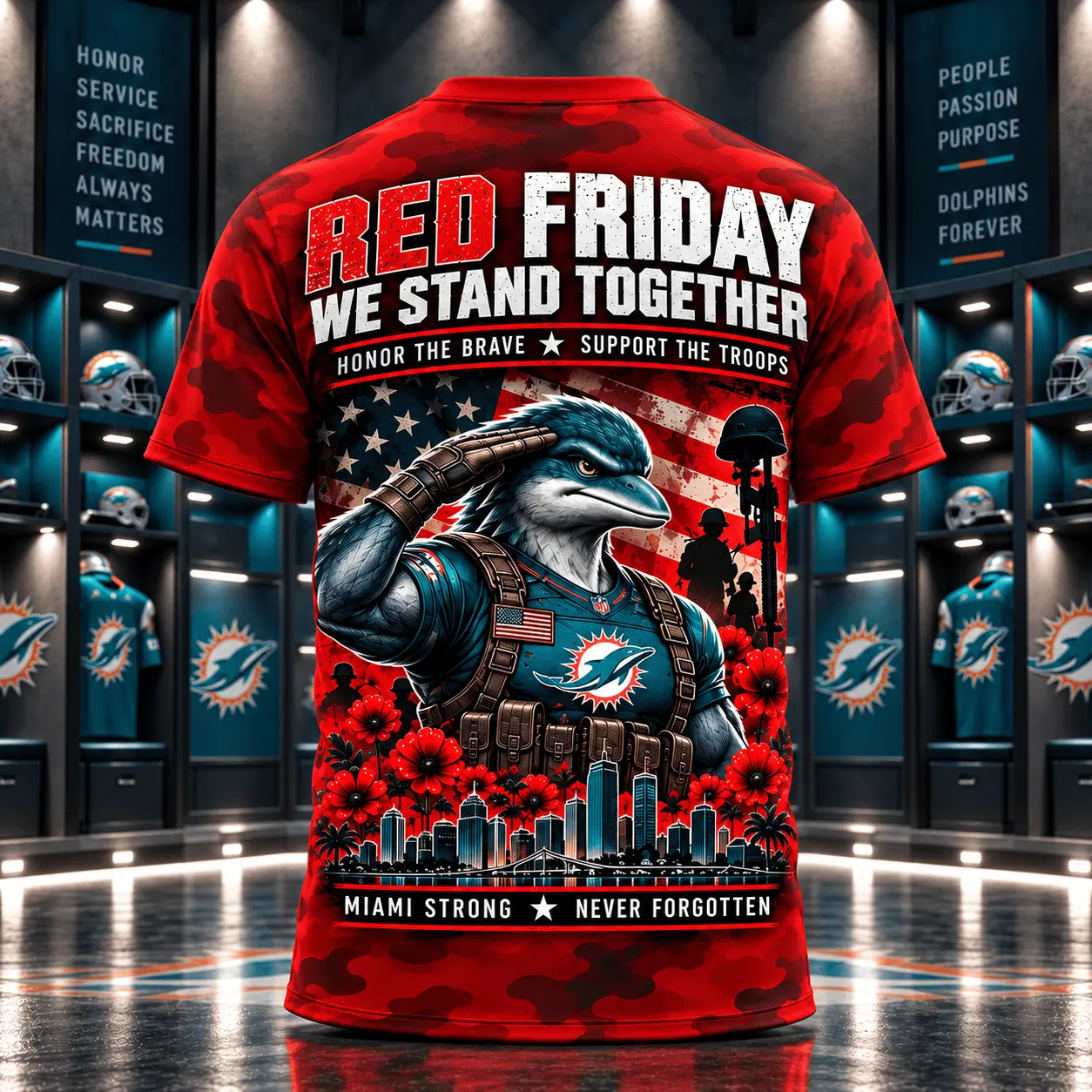 Miami Dolphins | Premium NFL Red Friday Remember Everyone Deployed Camo GameDay 3D Shirt NY - Image 3