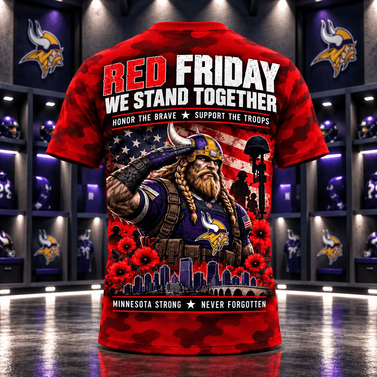 Minnesota Vikings | Premium NFL Red Friday Remember Everyone Deployed Camo GameDay 3D Shirt NY - Image 3