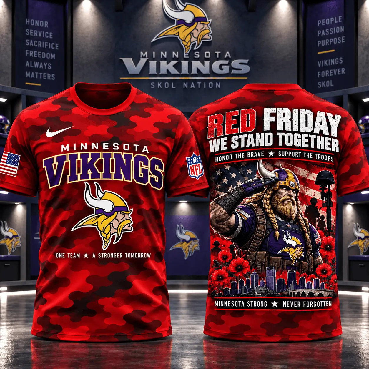 Minnesota Vikings | Premium NFL Red Friday Remember Everyone Deployed Camo GameDay 3D Shirt NY