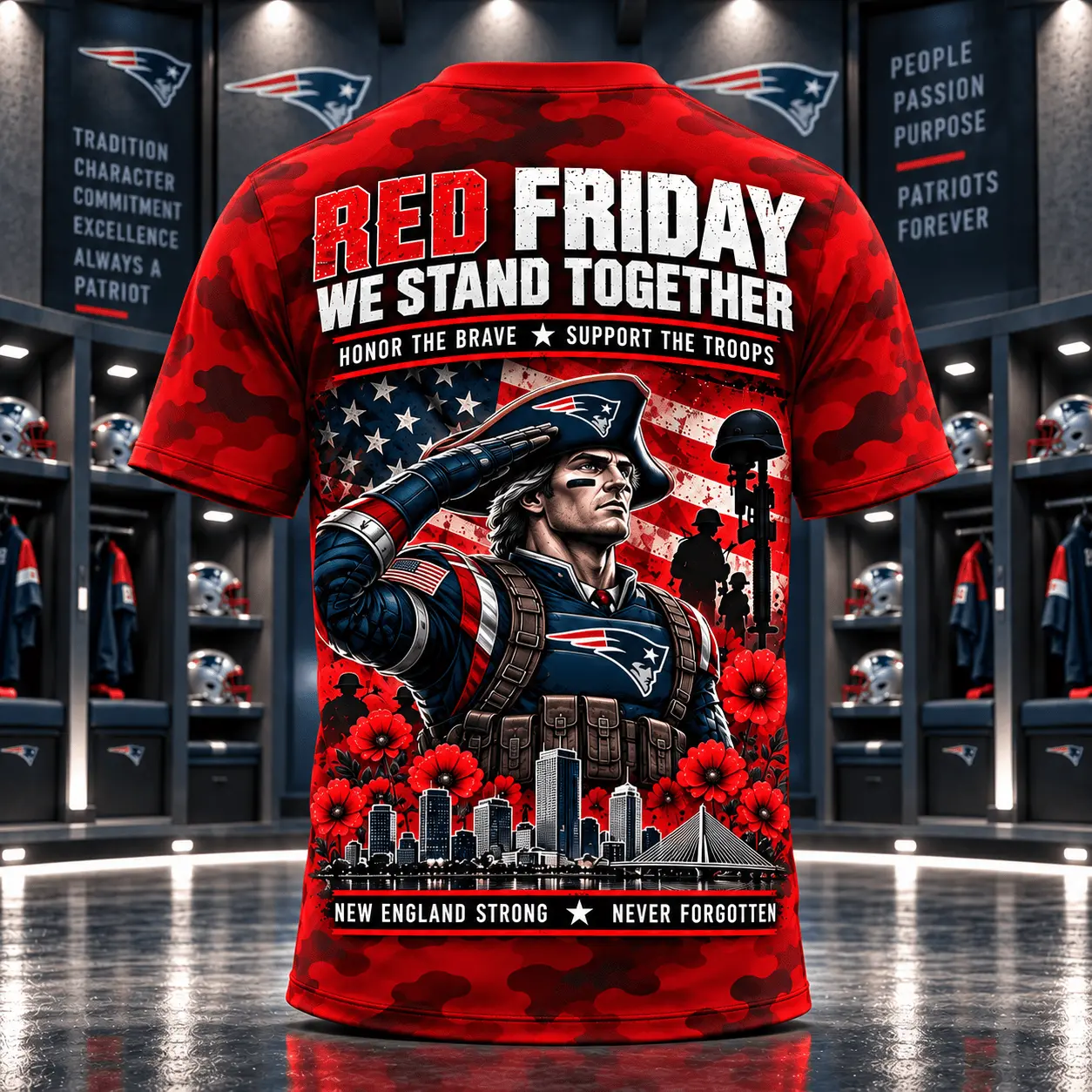 New England Patriots | Premium NFL Red Friday Remember Everyone Deployed Camo GameDay 3D Shirt NY - Image 3