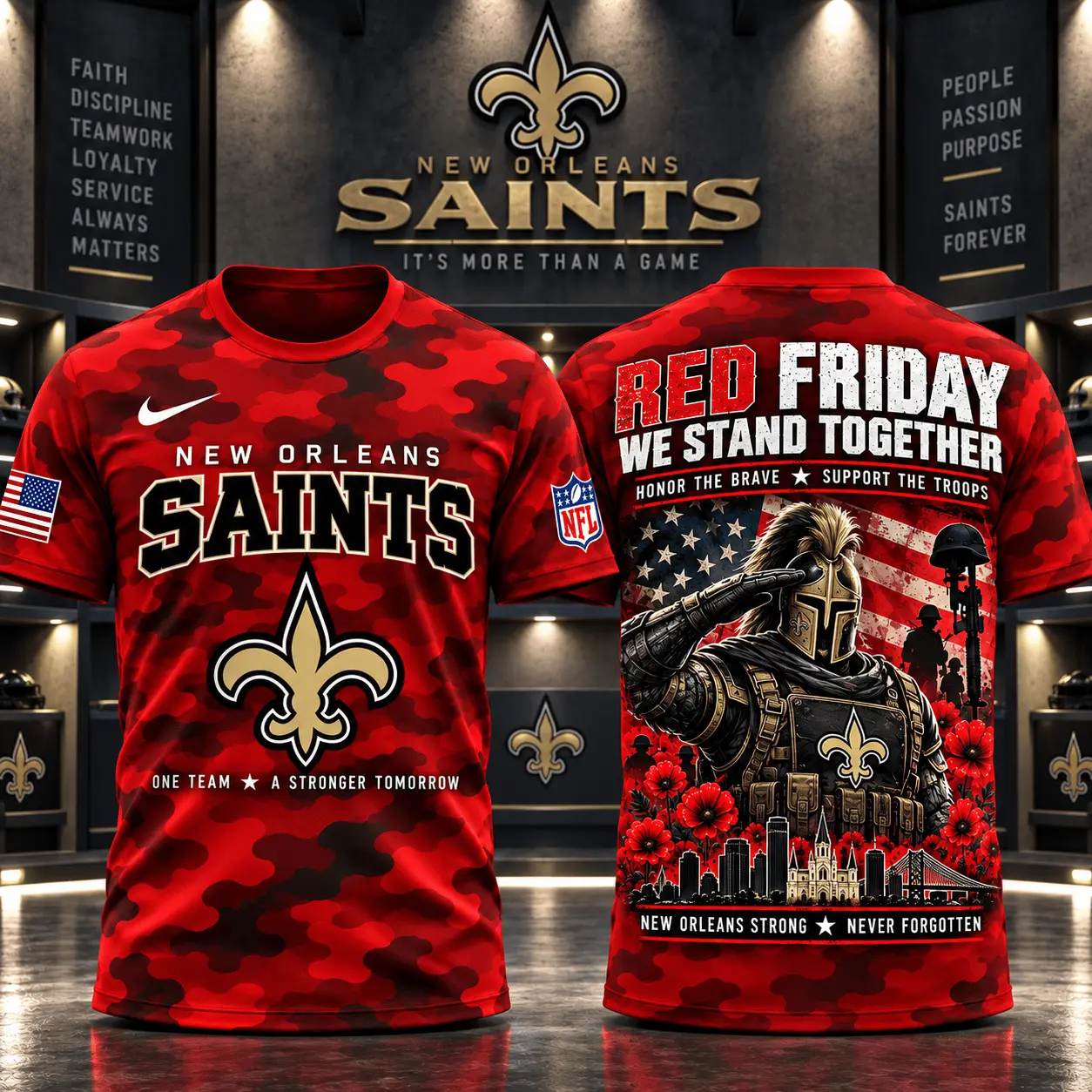 New Orleans Saints | Premium NFL Red Friday Remember Everyone Deployed Camo GameDay 3D Shirt NY