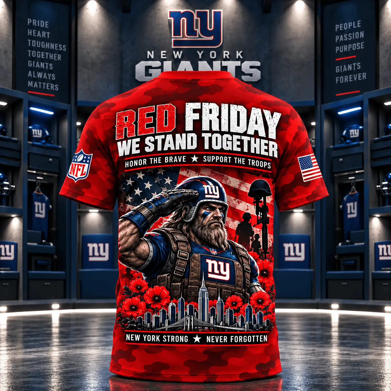 New York Giants | Premium NFL Red Friday Remember Everyone Deployed Camo GameDay 3D Shirt NY - Image 3
