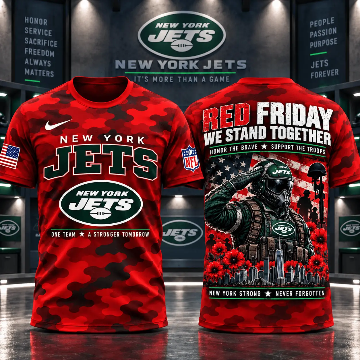 New York Jets | Premium NFL Red Friday Remember Everyone Deployed Camo GameDay 3D Shirt NY