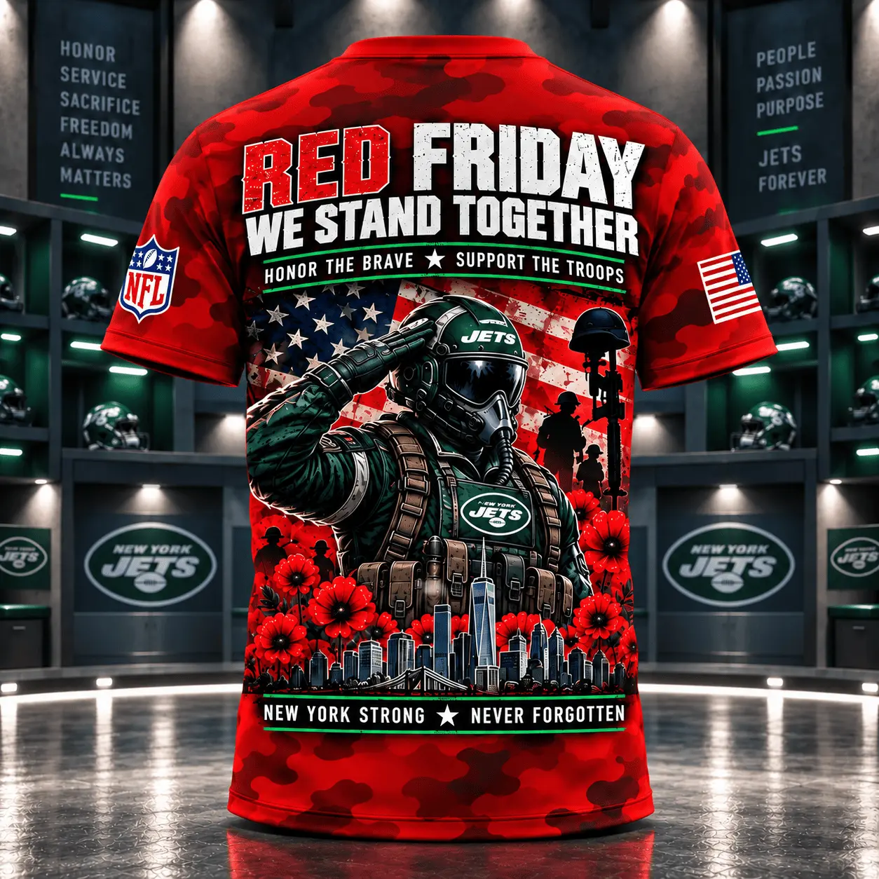 New York Jets | Premium NFL Red Friday Remember Everyone Deployed Camo GameDay 3D Shirt NY - Image 3
