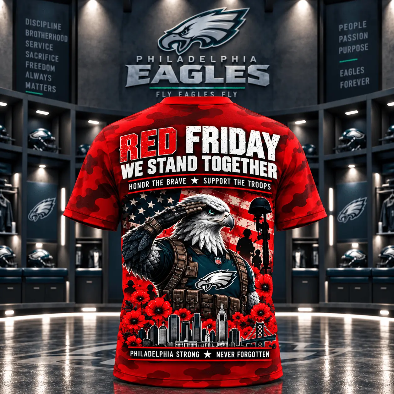 Philadelphia Eagles | Premium NFL Red Friday Remember Everyone Deployed Camo GameDay 3D Shirt NY - Image 3