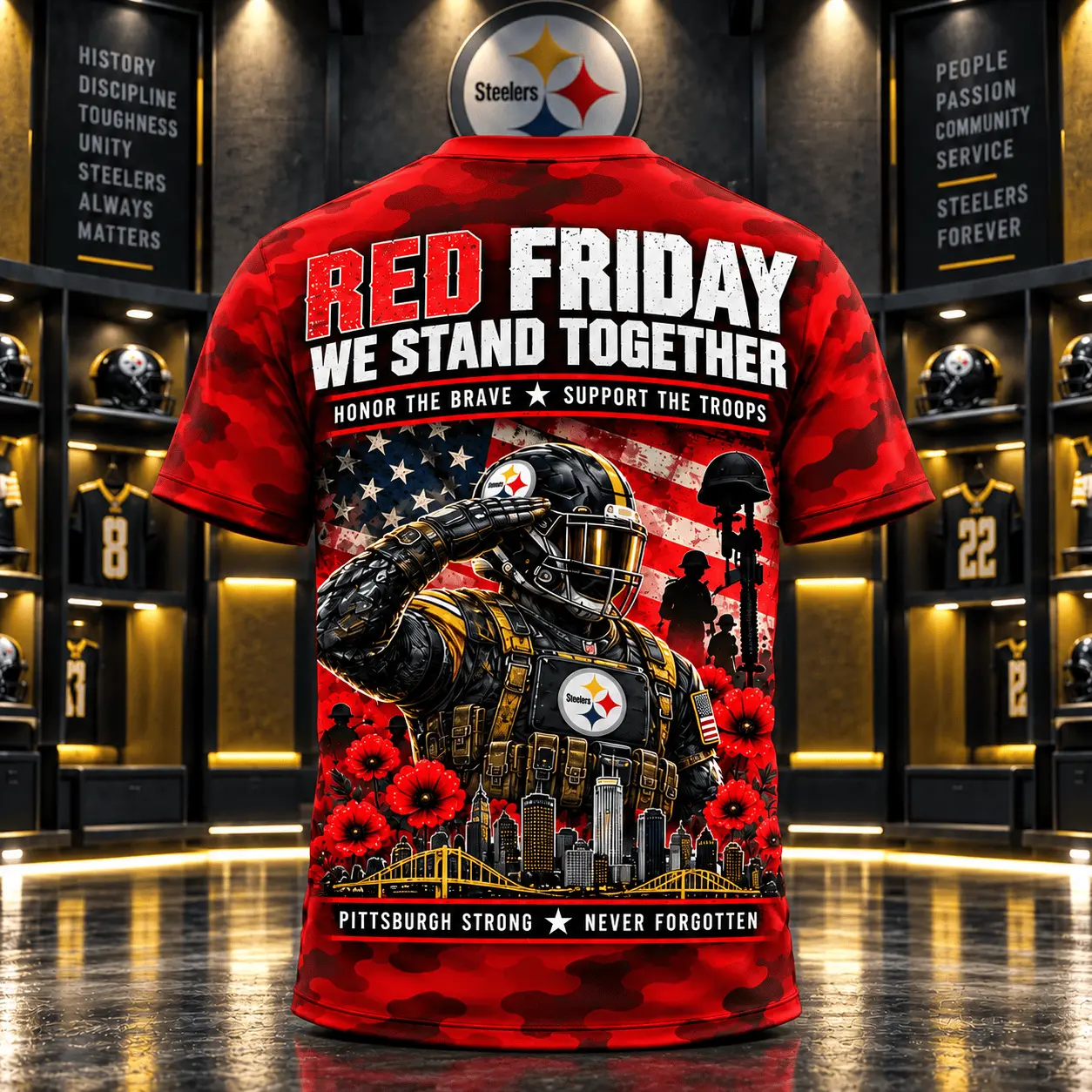 Pittsburgh Steelers | Premium NFL Red Friday Remember Everyone Deployed Camo GameDay 3D Shirt NY - Image 3