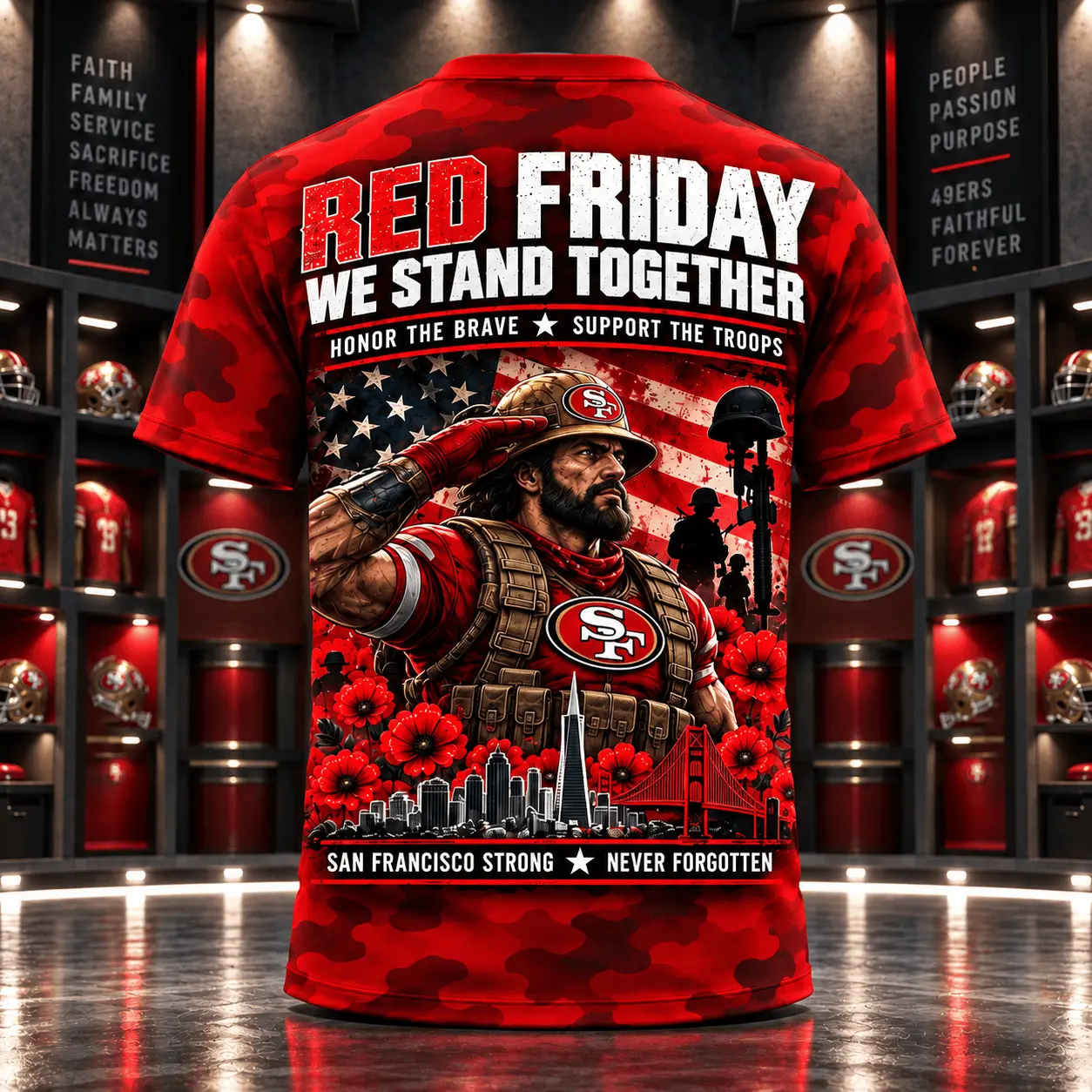 San Francisco 49ers | Premium NFL Red Friday Remember Everyone Deployed Camo GameDay 3D Shirt NY - Image 3