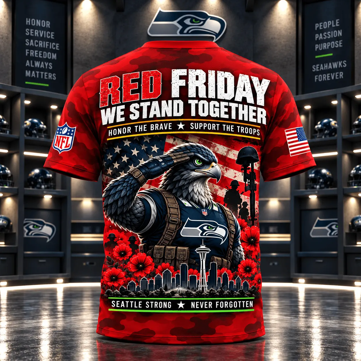 Seattle Seahawks | Premium NFL Red Friday Remember Everyone Deployed Camo GameDay 3D Shirt NY - Image 3