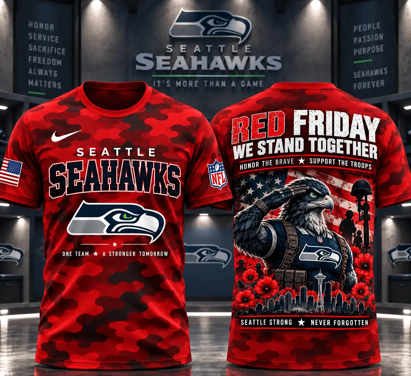 Seattle Seahawks | Premium NFL Red Friday Remember Everyone Deployed Camo GameDay 3D Shirt NY