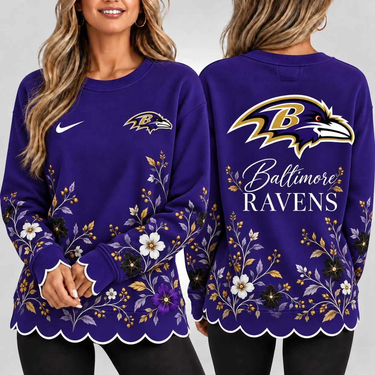 Baltimore Ravens | Premium NFL Floral Scalloped Hem Graphic Crewneck Sweatshirt NY
