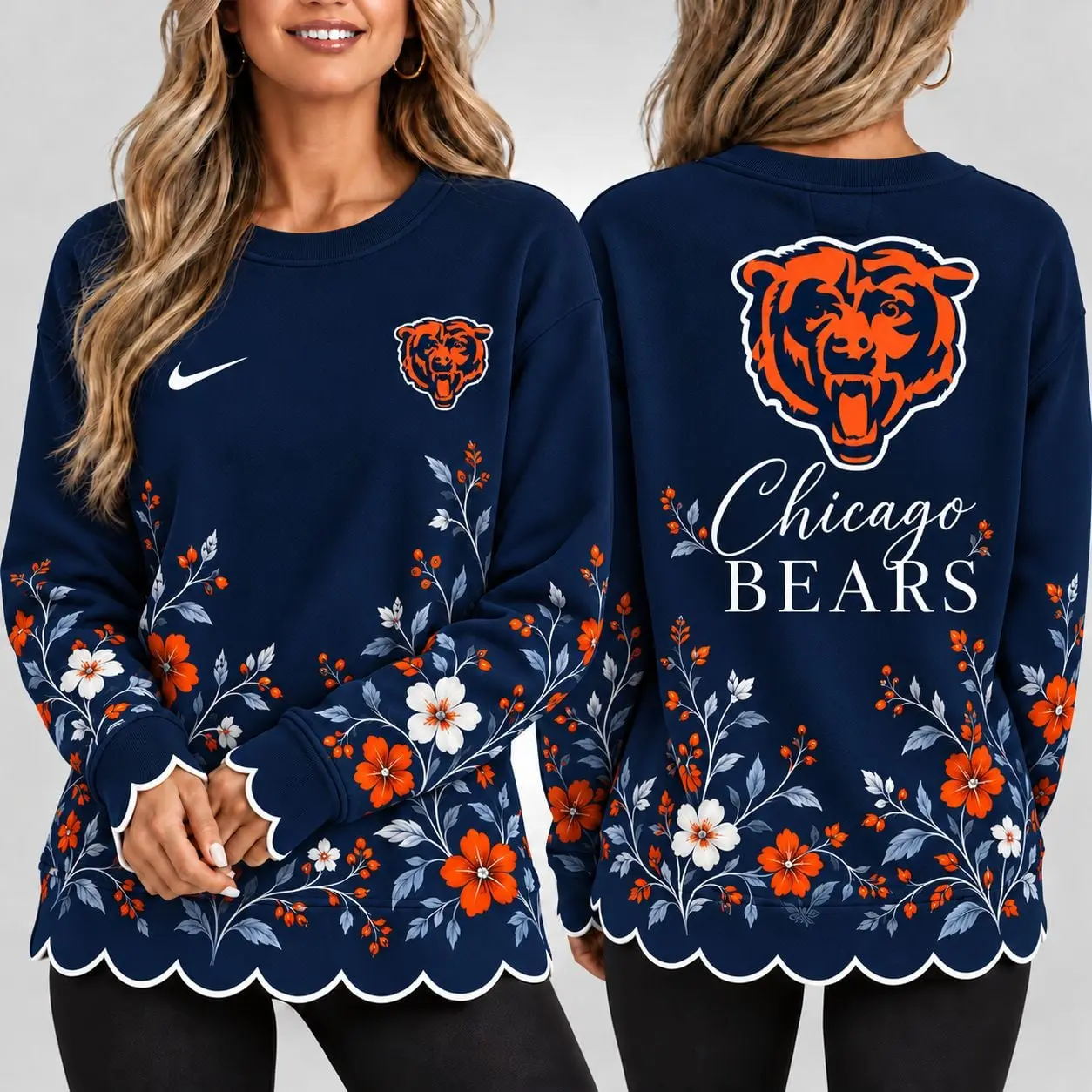 Chicago Bears | Premium NFL Floral Scalloped Hem Graphic Crewneck Sweatshirt NY