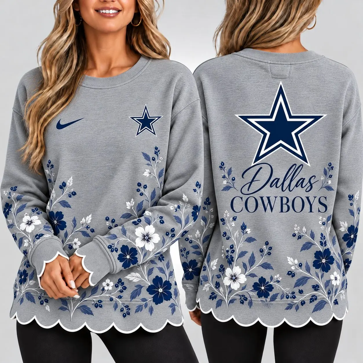 Dallas Cowboys | Premium NFL Floral Scalloped Hem Graphic Crewneck Sweatshirt NY