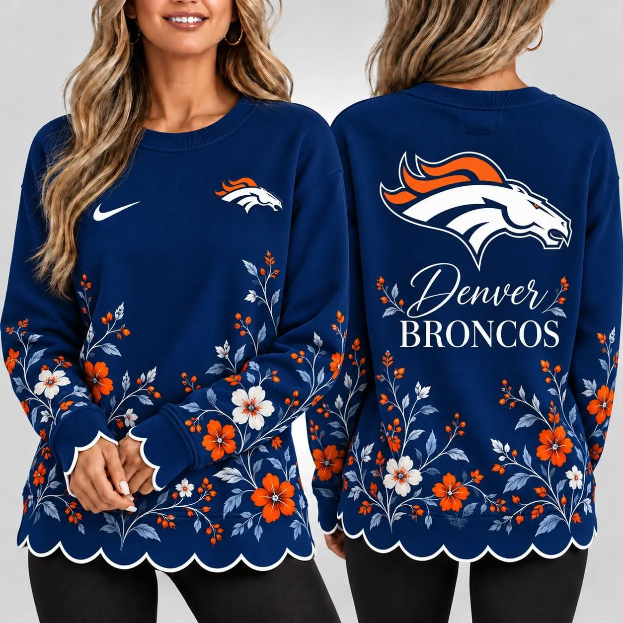 Denver Broncos | Premium NFL Floral Scalloped Hem Graphic Crewneck Sweatshirt NY