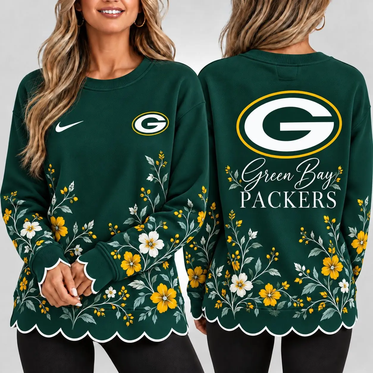 Green Bay Packers | Premium NFL Floral Scalloped Hem Graphic Crewneck Sweatshirt NY
