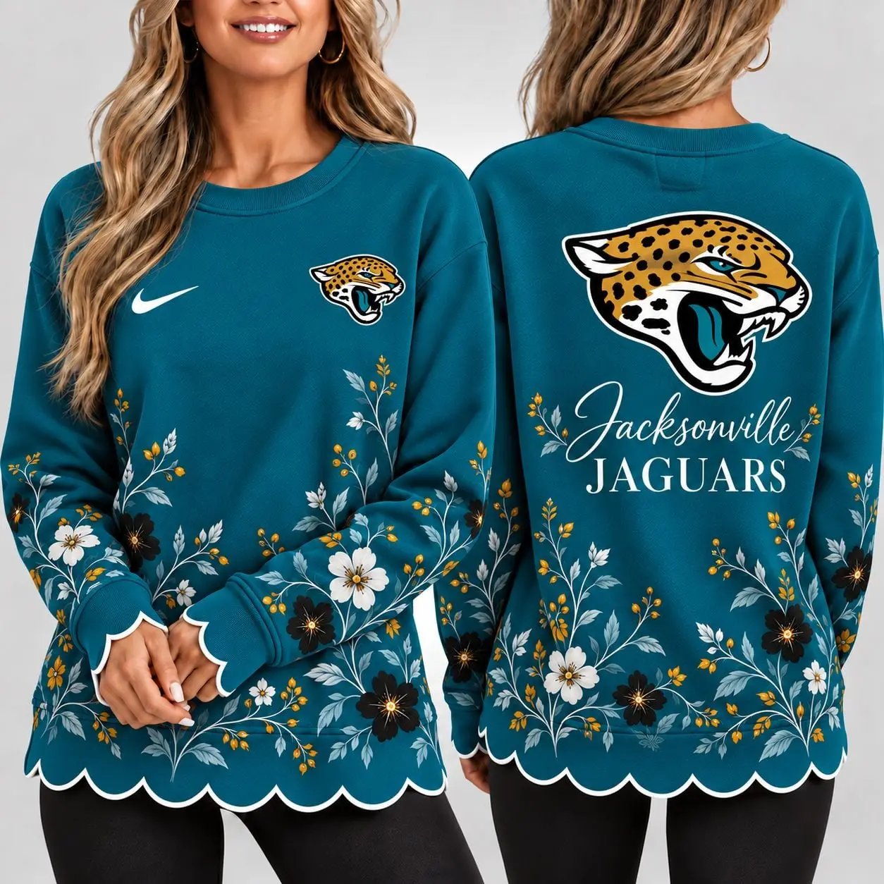 Jacksonville Jaguars | Premium NFL Floral Scalloped Hem Graphic Crewneck Sweatshirt NY