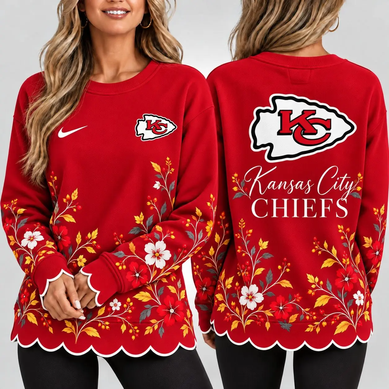 Kansas City Chiefs | Premium NFL Floral Scalloped Hem Graphic Crewneck Sweatshirt NY