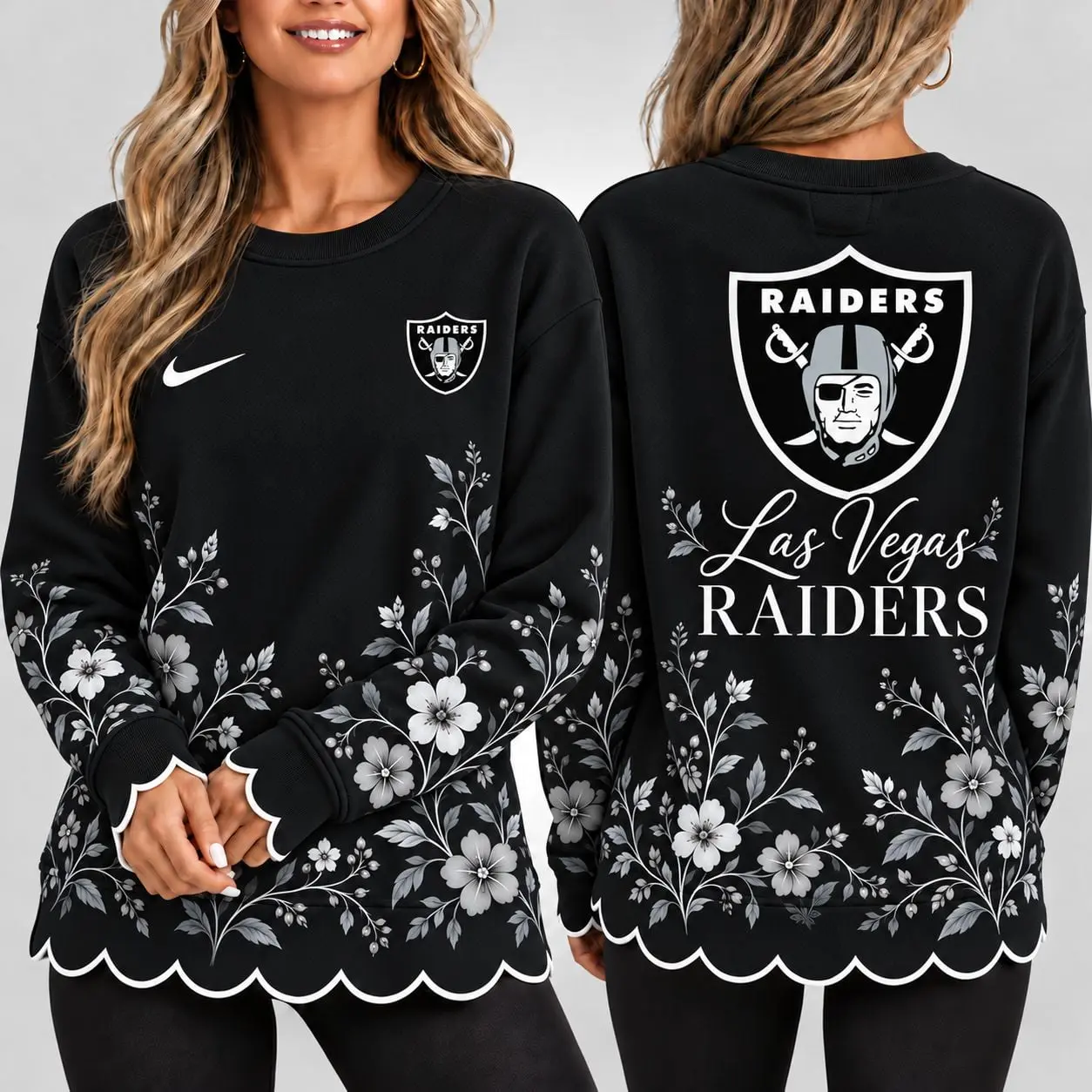 Las Vegas Raiders | Premium NFL Floral Scalloped Hem Graphic Crewneck Sweatshirt NY