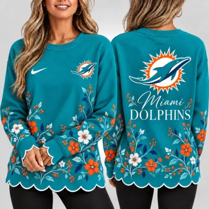 Miami Dolphins | Premium NFL Floral Scalloped Hem Graphic Crewneck Sweatshirt NY