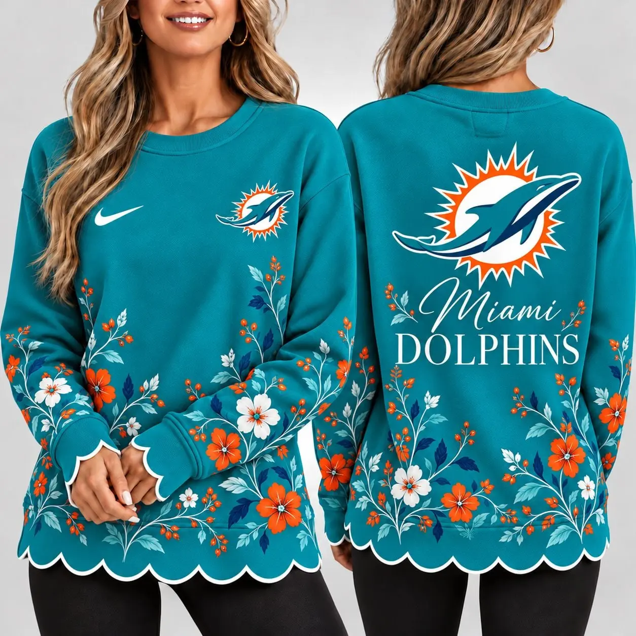 Miami Dolphins | Premium NFL Floral Scalloped Hem Graphic Crewneck Sweatshirt NY