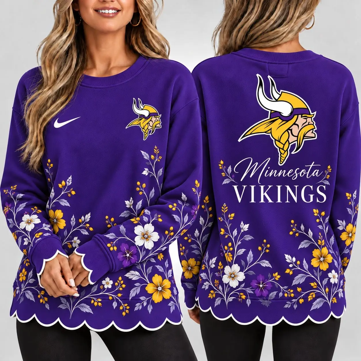 Minnesota Vikings | Premium NFL Floral Scalloped Hem Graphic Crewneck Sweatshirt NY