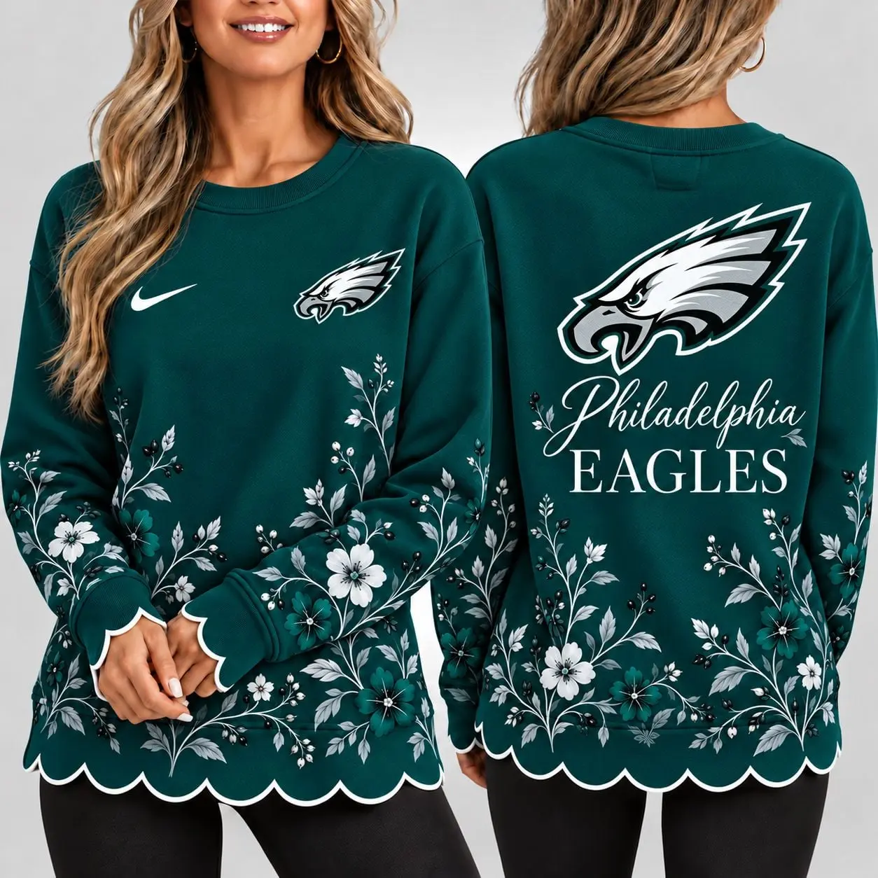 Philadelphia Eagles | Premium NFL Floral Scalloped Hem Graphic Crewneck Sweatshirt NY