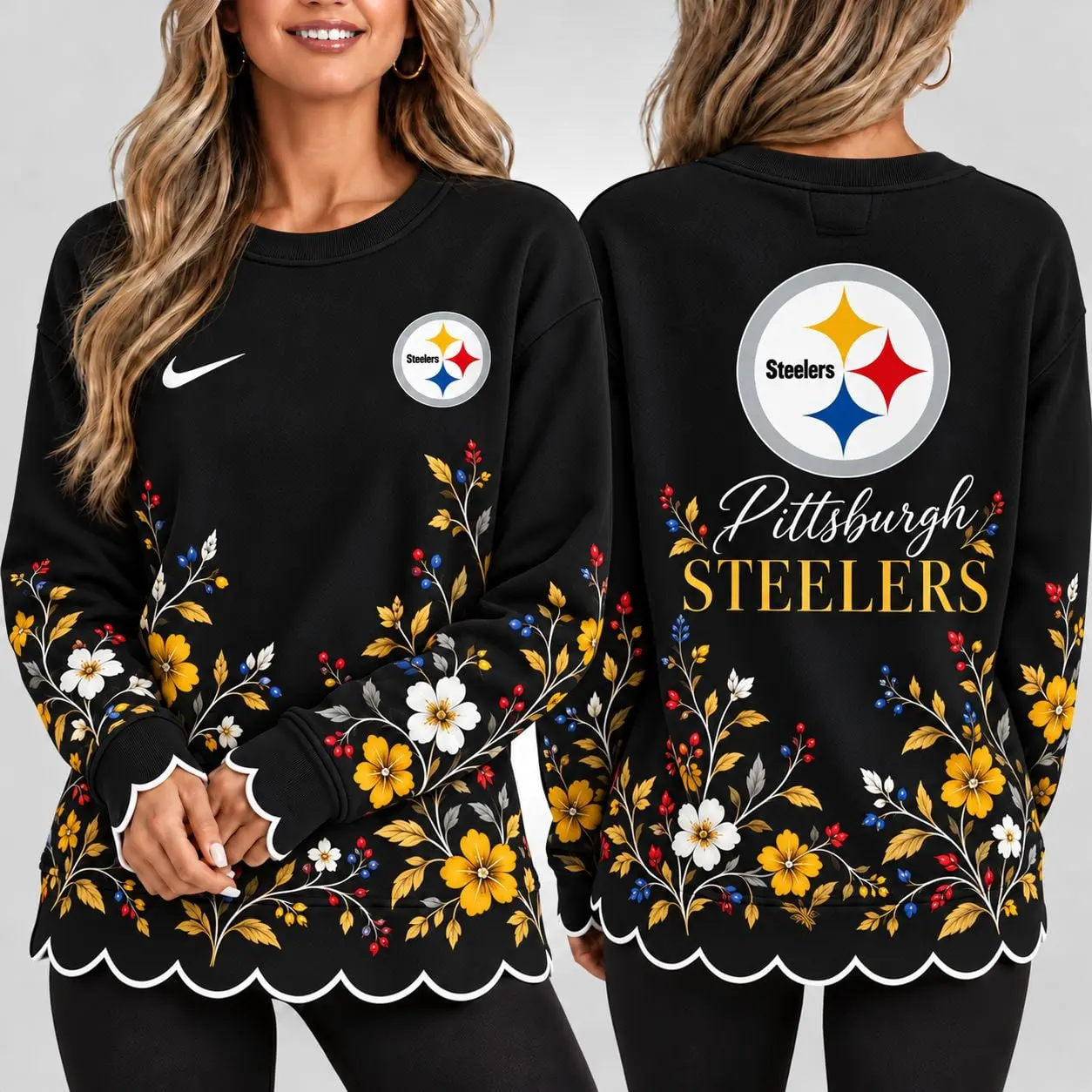 Pittsburgh Steelers | Premium NFL Floral Scalloped Hem Graphic Crewneck Sweatshirt NY