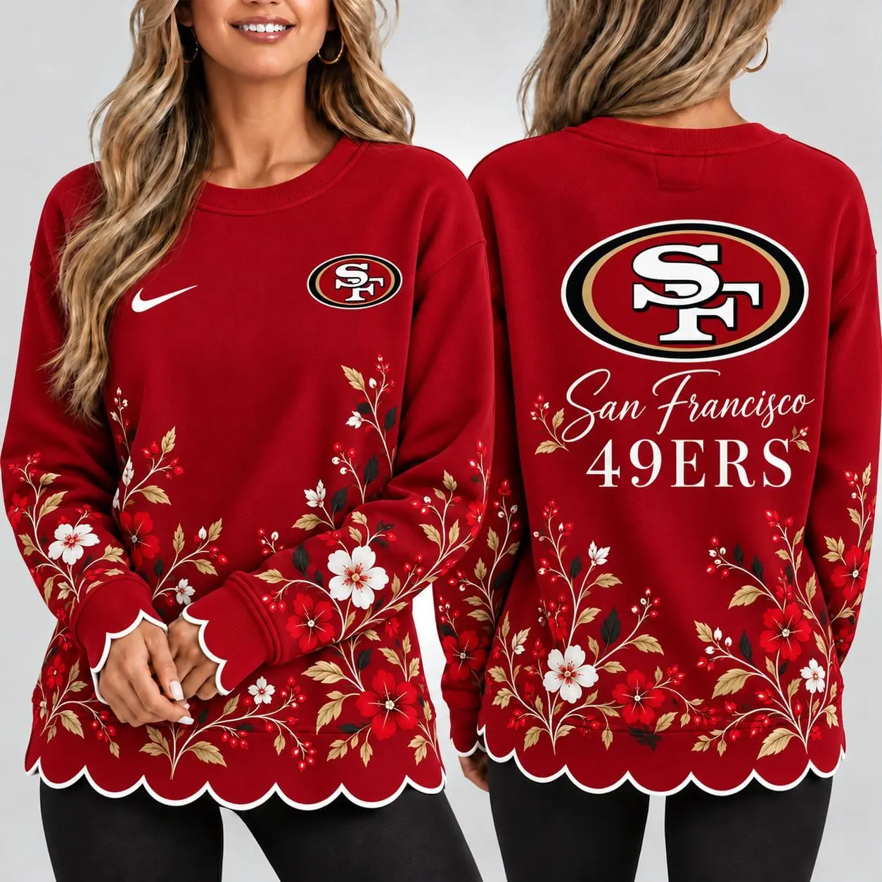 San Francisco 49ers | Premium NFL Floral Scalloped Hem Graphic Crewneck Sweatshirt NY