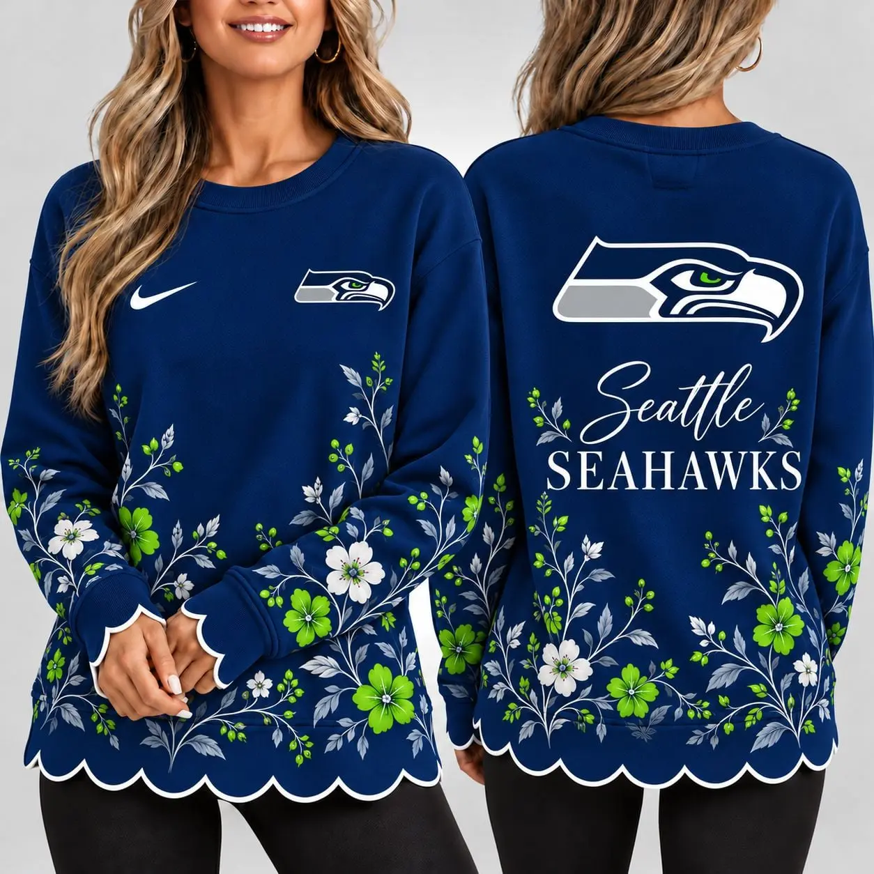 Seattle Seahawks | Premium NFL Floral Scalloped Hem Graphic Crewneck Sweatshirt NY