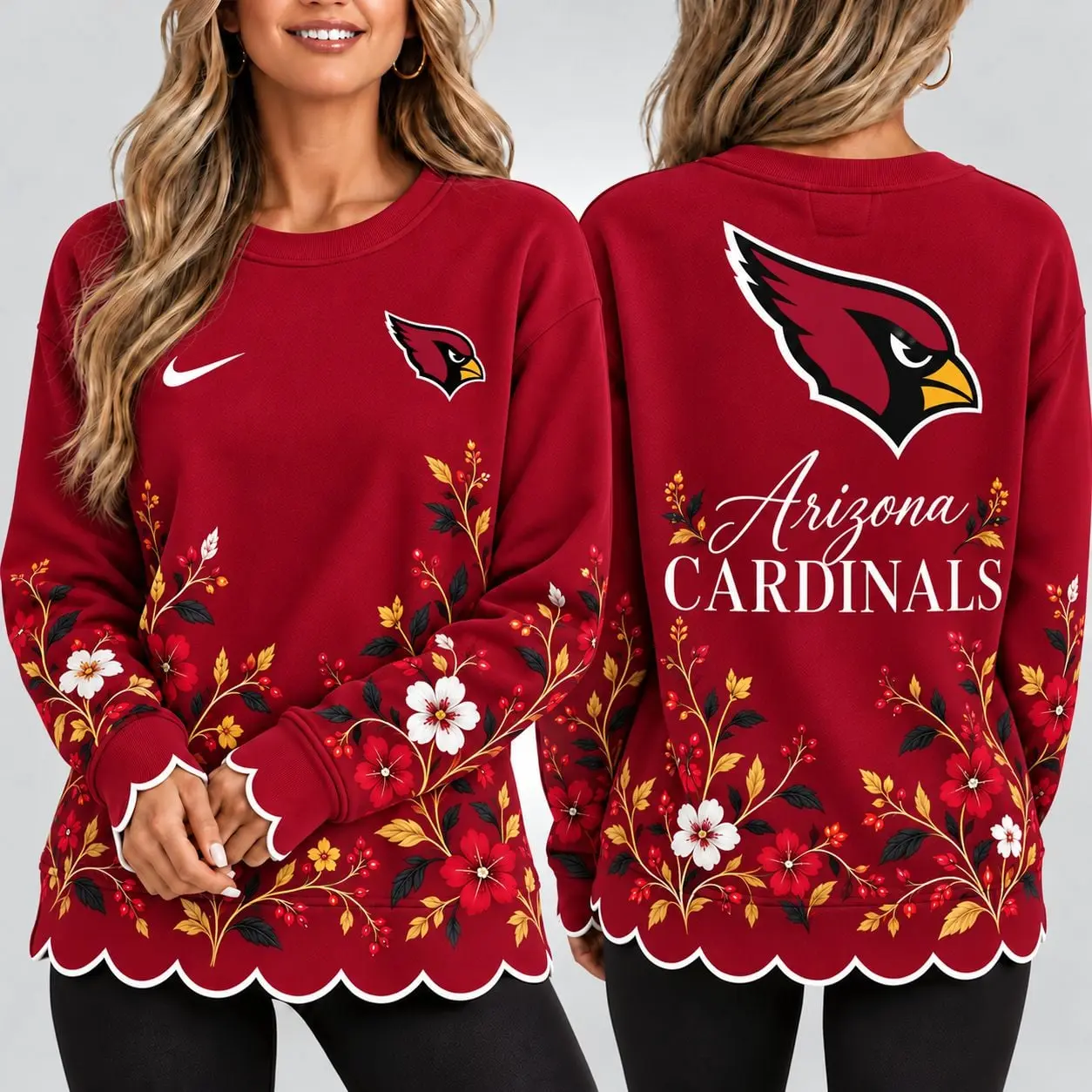 Arizona Cardinals | Premium NFL Floral Scalloped Hem Graphic Crewneck Sweatshirt NY