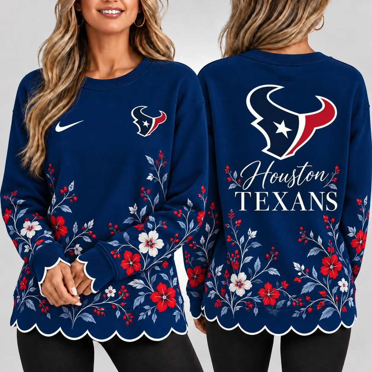 Houston Texans | Premium NFL Floral Scalloped Hem Graphic Crewneck Sweatshirt NY