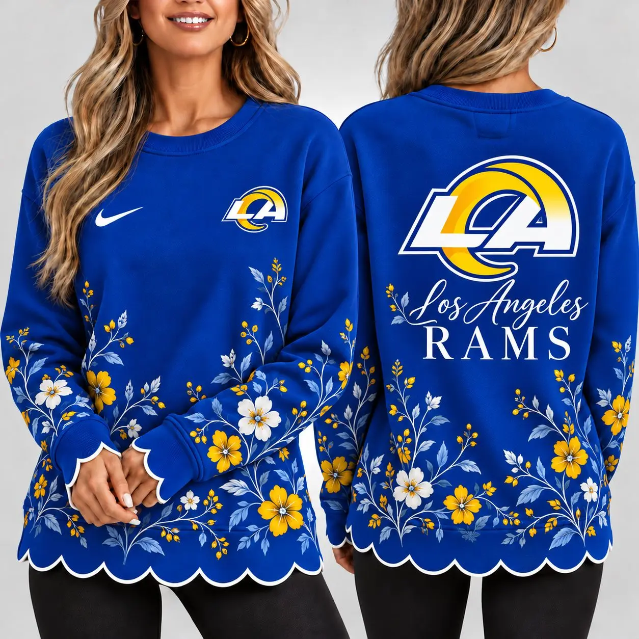 Los Angeles Rams | Premium NFL Floral Scalloped Hem Graphic Crewneck Sweatshirt NY