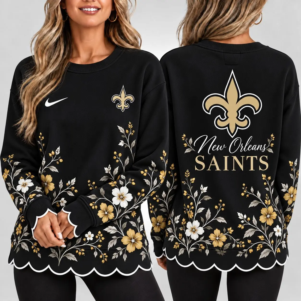 New Orleans Saints | Premium NFL Floral Scalloped Hem Graphic Crewneck Sweatshirt NY
