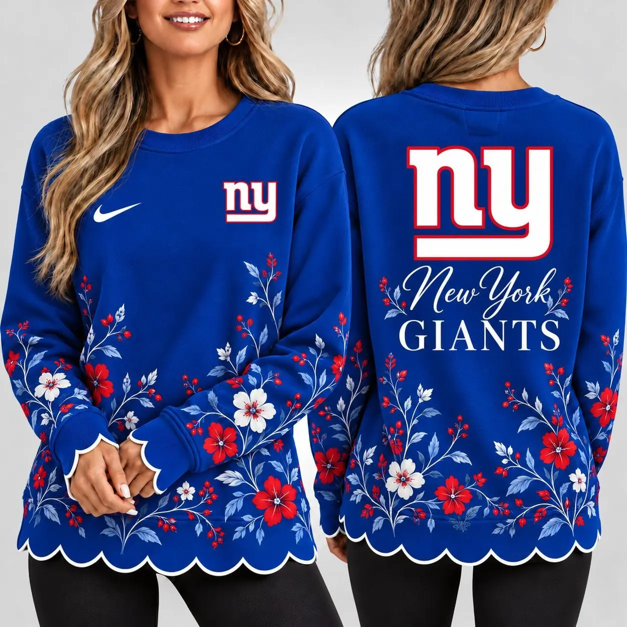 New York Giants | Premium NFL Floral Scalloped Hem Graphic Crewneck Sweatshirt NY