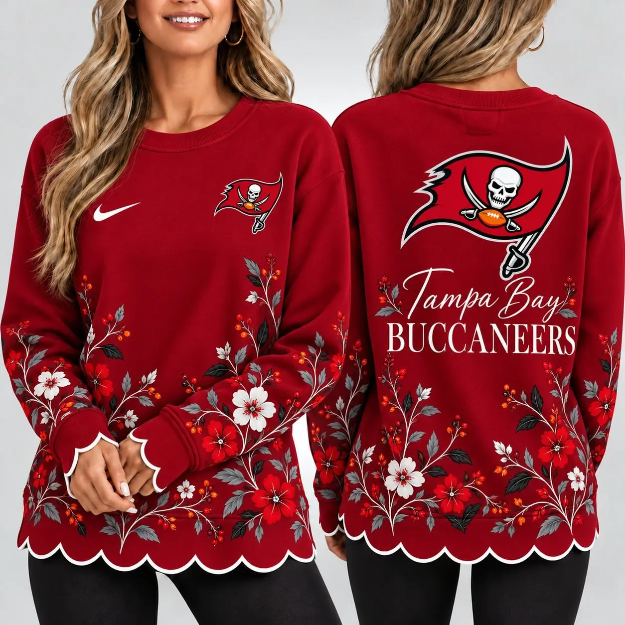 Tampa Bay Buccaneers | Premium NFL Floral Scalloped Hem Graphic Crewneck Sweatshirt NY